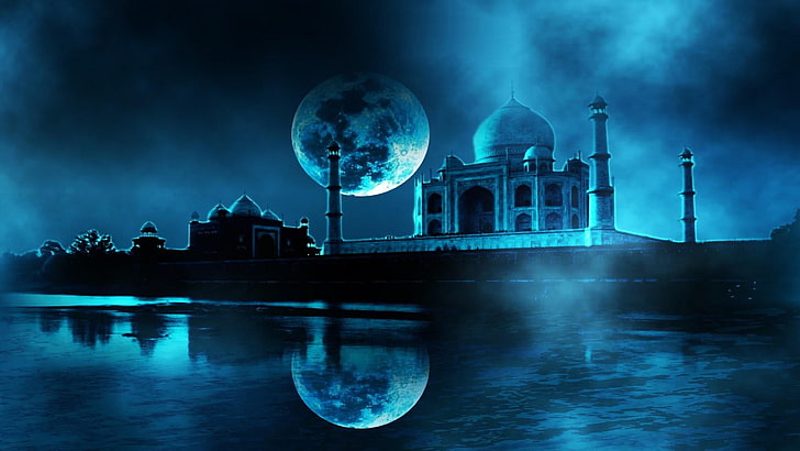 obscurité, Agra, Inde, ciel nocturne, art fantastique, terre, lune, effets spéciaux, effets visuels, paysage, bleu, taj mahal, nuit, clair de lune, pleine lune, ciel, eau, réflexion, nature, Fond d'écran HD