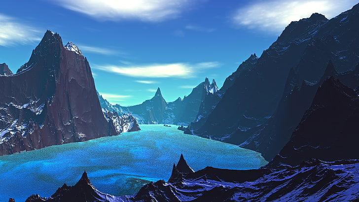 arte digitale, paesaggio fantasy, superficie, pianeta fantasia, blu, montagne, cresta, fiume, 8k uhd, Sfondo HD