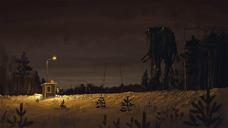 pintura de monstruo, ciencia ficción, robot, Simon Stålenhag, futurista, obra de arte, Fondo de pantalla HD