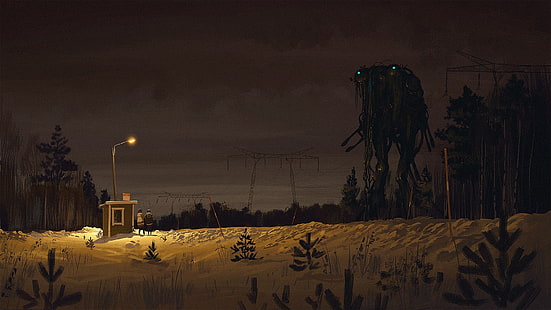 painting of monster, science fiction, robot, Simon Stålenhag, futuristic, artwork, HD wallpaper HD wallpaper