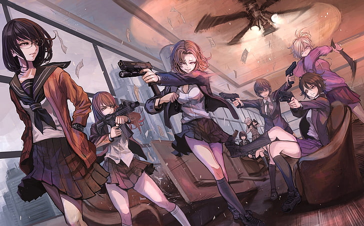anime, anime girls, dekolt, pistolet, broń, sweter, miecz, oryginalne postacie, mundurek szkolny, Tapety HD