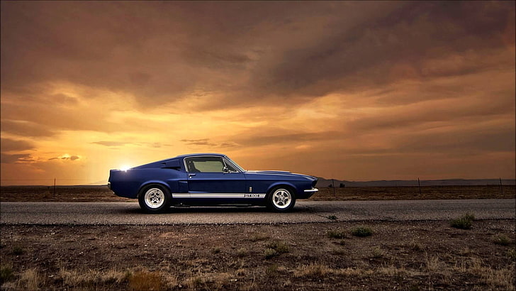 Ford Mustang azul, Ford Mustang, coche, coches azules, Ford, luz solar, carretera, paisaje, Fondo de pantalla HD