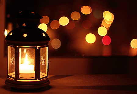 świecznik ze stali szarej, światło, noc, światła, świeca, wieczór, okno, latarka, latarnia, bokeh, Ikea, Tapety HD HD wallpaper