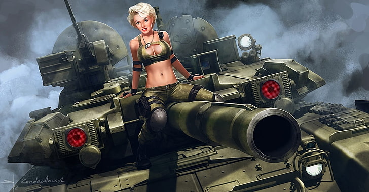 woman riding battle tank digital wallpaper, tank, digital art, T-90, HD wallpaper