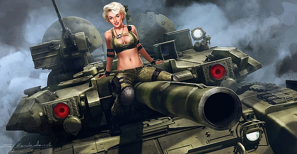 mulher, montando, tanque batalha, papel parede digital, tanque, arte digital, T-90, HD papel de parede HD wallpaper