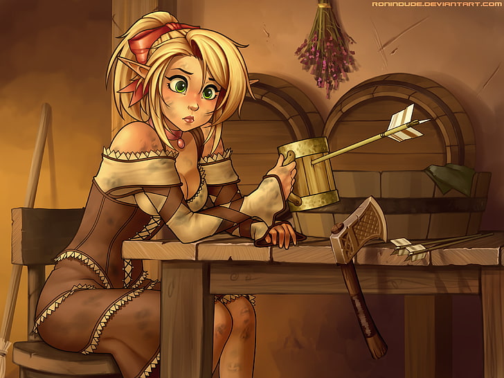 yellow female woman sitting on chair and holding mug with arrow illustration, RoninDude, elves, blonde, lin, Ray Cornwell II, HD wallpaper