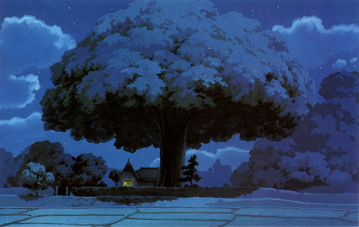 hus nära trädmålning, fantasikonst, anime, Studio Ghibli, Min granne Totoro, träd, HD tapet