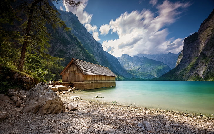 kabin coklat, pemandangan, alam, rumah perahu, danau, musim panas, pegunungan, pegunungan Alpen, awan, pohon, pantai, Wallpaper HD