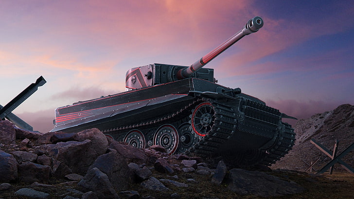 خلفية دبابة مدرعة باللونين الأسود والأحمر ، غروب الشمس ، السماء ، الغيوم ، النمر ، الأحجار ، التمويه ، PzKpfw VI Tiger ، عالم الدبابات ، Wargaming Net ، Tiger I ، Heavy Tank ، Fencing ، WoTB ، Flash ، WoT: Blitz ، World of Tanks : مداهمات، خلفية HD