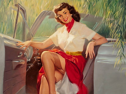 woman sitting on grey convertible painting, machine, girl, smile, retro, figure, skirt, stockings, bracelet, Bill Medcalf, HD wallpaper HD wallpaper