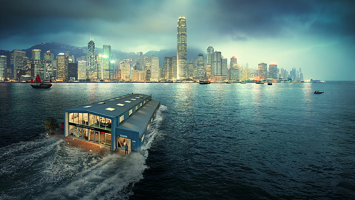 香港、スカイライン、都市景観、水、ファンタジーアート、フローティング、海、空、都市、大都市、高層ビル、家、 HDデスクトップの壁紙