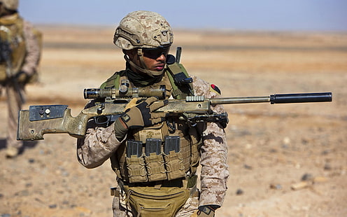 senapan sniper coklat, senjata, tentara, Korps Marinir Amerika Serikat, Wallpaper HD HD wallpaper