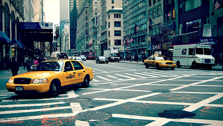 รถเก๋งสีเหลือง, ถนน, การจราจร, เมืองนิวยอร์ก, แท็กซี่, วอลล์เปเปอร์ HD