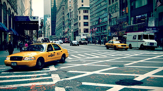 sedán amarillo, calle, tráfico, ciudad de Nueva York, taxi, Fondo de pantalla HD HD wallpaper