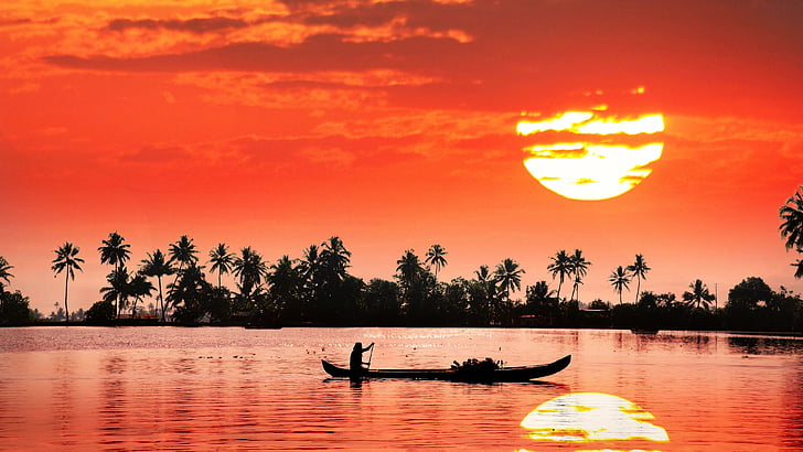 retrostanti, tramonto rosso, india, kochi, ristagno, Kerala retrostanti, Kerala, alba, crepuscolo, cielo rosso, fiume, riflesso, sera, calma, orizzonte, sole, asia, acqua, ultimi bagliori, tramonto, cielo, Sfondo HD