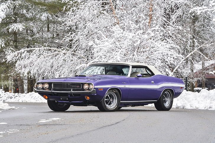 purple and white Dodge Challenger R/T coupe, snow, background, Dodge, Challenger, 1970, Muscle car, Convertible, R T, 440, Chelenzher, Six Pack, HD wallpaper