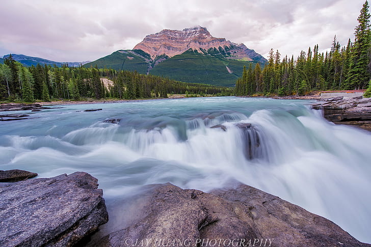 time lapse photography of falls near pine trees, Time  time, time lapse photography, pine trees, Canada, Water Falls, Mt, Water Flow, Spring Green, Early Morning, Overcast, Jasper National Park, waterfall, Mountain, nature, landscape, scenics, forest, outdoors, water, river, rock - Object, beauty In Nature, HD wallpaper
