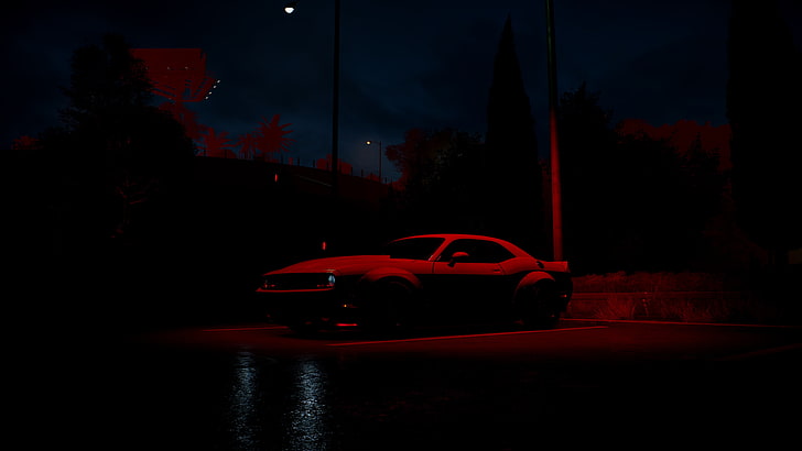 รถเก๋งสีขาว Need for Speed ​​สีแดง Dodge Challenger กลางคืนไฟสปอร์ตไลท์, วอลล์เปเปอร์ HD