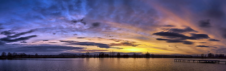 photography of sunset and body of water, landscape, sunset, clouds, multiple display, dual monitors, HD wallpaper