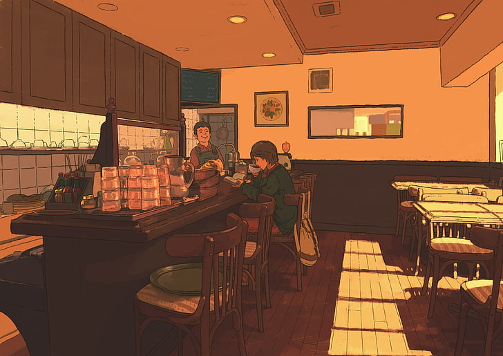 man in the diner illustration, anime, cafes, Japan, HD wallpaper