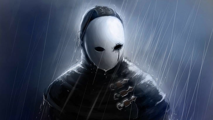 白いマスクのデジタル壁紙を持つキャラクター、白いマスクのデジタル壁紙を持つキャラクター、悲しい、マスク、 HDデスクトップの壁紙
