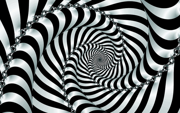 dekorasi spiral bergaris putih dan hitam, abstrak, ilusi optik, Wallpaper HD