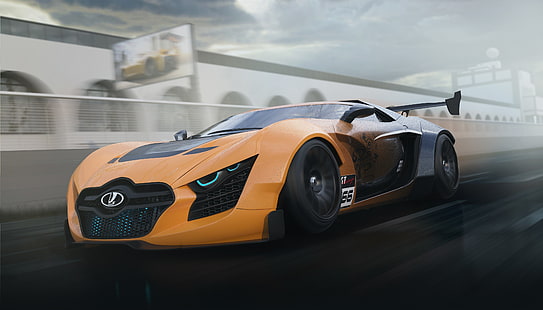 orange und blau Lada Concept Car, Konzept, Auto, Lada, Geschwindigkeit, Front, Zukunft, Track, Next, 3D-Grafik, HD-Hintergrundbild HD wallpaper
