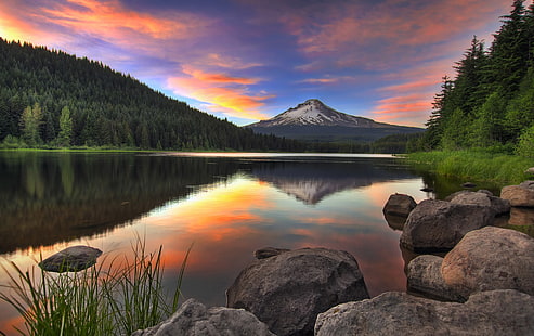Sunset Trillium Lake и Mount Hood в Орегон Съединени американски щати Ultra Hd тапети за настолни мобилни телефони и лаптоп 3840 × 2400, HD тапет HD wallpaper