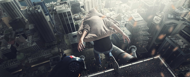 video game wallpaper, person attempting to jump on high-rise building taken during daytime, building, hoods, falling, cityscape, jumping, HD wallpaper