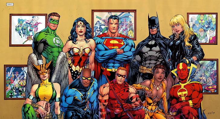 Malowanie Ligi Sprawiedliwości, DC Comics, superbohater, Wonder Woman, Superman, Batman, Green Lantern, Hawkgirl, Red Arrow, Red Tornado, Vixen, Black Lightning, Black Canary, Tapety HD