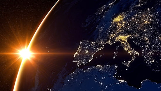 خلفية خريطة العالم ، كوكب ، الأرض ، أضواء ، أوروبا، خلفية HD HD wallpaper