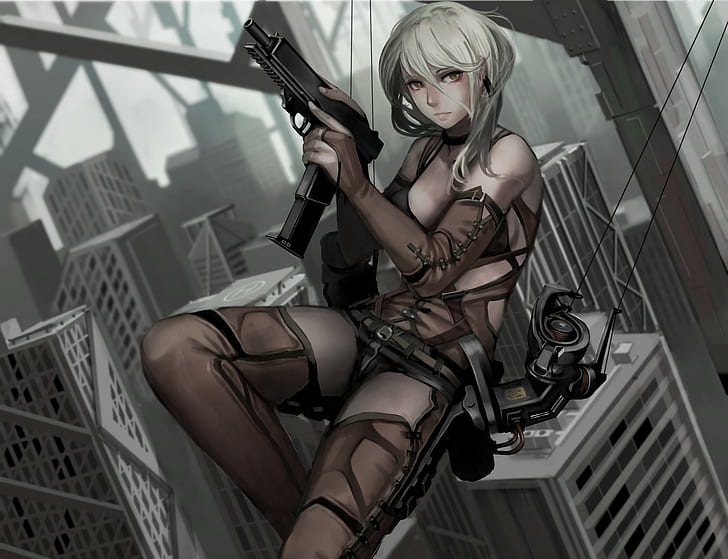 аниме, аниме девушки, пистолет, оружие, HD обои