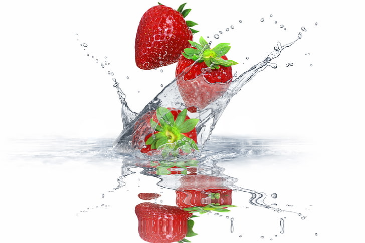 Erdbeerfrüchte, Wasser, Spritzen, Beeren, Erdbeere, frisch, Spritzen, Tropfen, HD-Hintergrundbild
