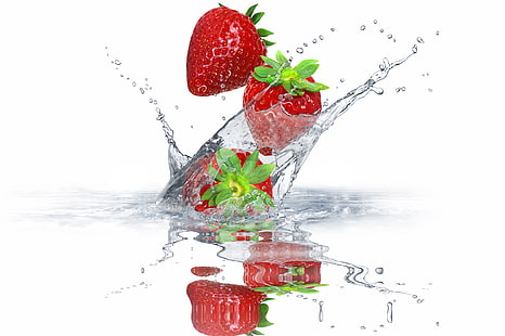фрукты клубника, вода, шприц, ягоды, клубника, свежие, брызги, капли, HD обои HD wallpaper