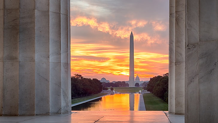 Pomnik Waszyngtona, architektura, budynek, miasto, Waszyngton, Pomnik Waszyngtona, Pomnik Lincolna, USA, zachód słońca, kolumna, drzewa, odbicie, Tapety HD