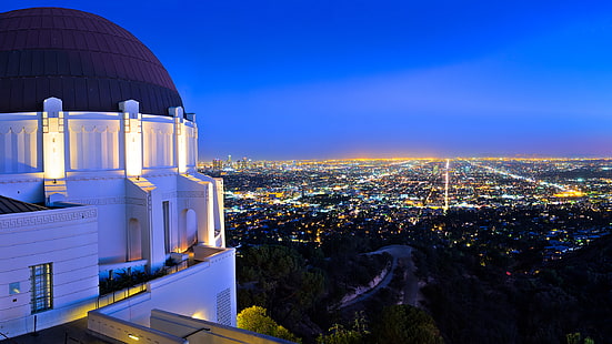 Los Angeles byggnader skyskrapor observatorium nattljus HD, stadens silhuett, natt, byggnader, stadsbild, skyskrapor, ljus, los, angeles, observatorium, HD tapet HD wallpaper