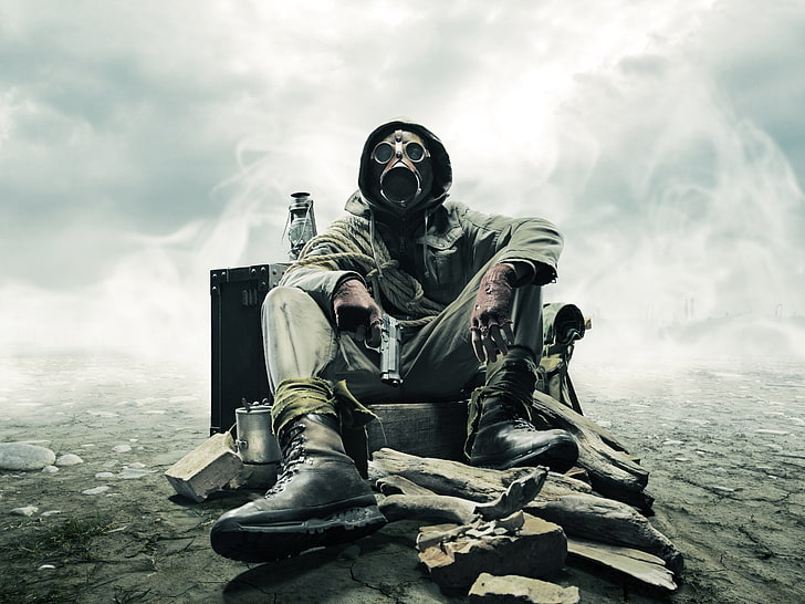 man wearing mask holding pistol wallpaper, stones, gun, gas mask, Stalker, rope, HD wallpaper
