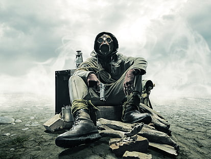 Mann mit Maske hält Pistole Tapete, Steine, Pistole, Gasmaske, Stalker, Seil, HD-Hintergrundbild HD wallpaper