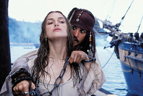 Pirates of the Caribbean, Pirates of the Caribbean: The Curse Of The Black Pearl, Elizabeth Swann, Jack Sparrow, Johnny Depp, Keira Knightley, HD tapet HD wallpaper