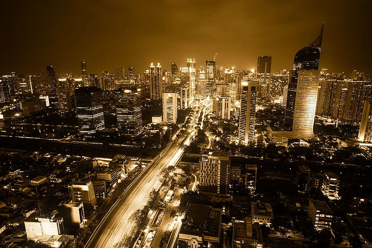 buildings, city, cityscape, downtown, evening, glow, hdr, indonesia, jakarta, night, reflections, sepia, skyscrapers, urban, HD wallpaper