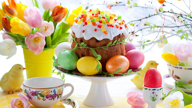 Wüste, Süßigkeiten, Eier, Tulpen, Tisch, Tasse, Ostern, Dekoration, HD-Hintergrundbild