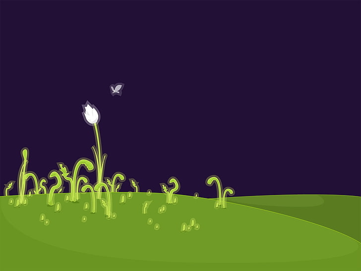 butterfly and white tulip illustration, flower, field, art, drawing, grass, plant, HD wallpaper