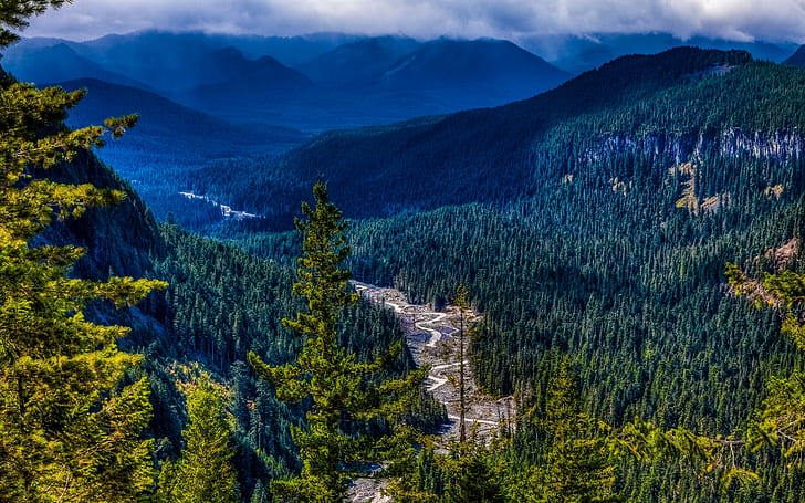 fotografia, natureza, paisagem, montanhas, floresta, rio, nuvens, vale, estado de Washington, HD papel de parede