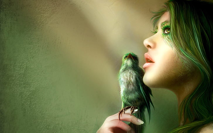 Момиче със зелена коса с птици, Зелено, момиче, HD тапет