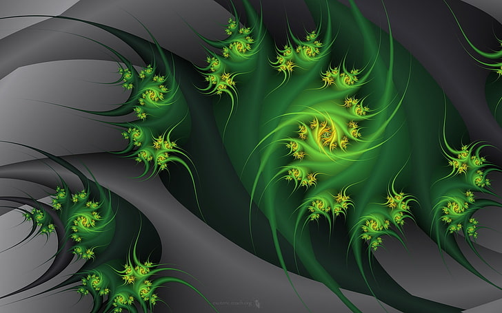 wallpaper digital bunga hijau dan hitam, abstraksi, pelukan, fraktal, bunga, abu-abu, hijau, tanaman, Wallpaper HD