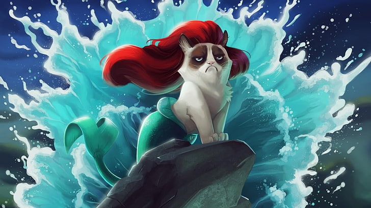 Illustrazione del gatto della principessa Ariel, gatto, Grumpy Cat, La sirenetta, Disney, umorismo, Sfondo HD