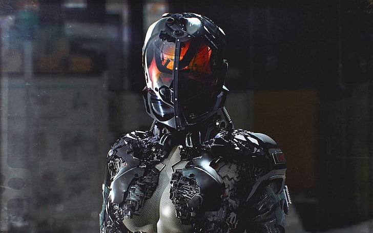 wallpaper robot abu-abu dan hitam, wanita, cyberpunk, fiksi ilmiah, Wallpaper HD