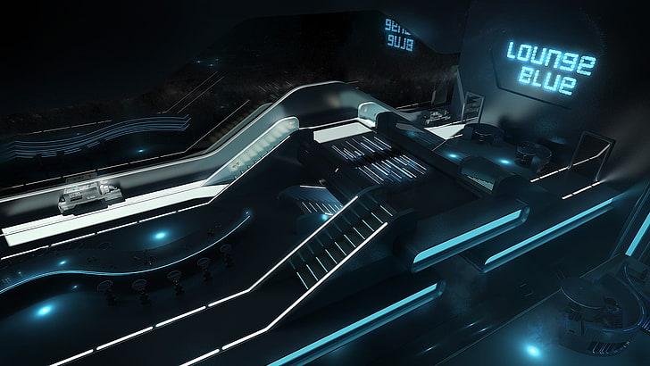 Lounge Convoyeurs bleus, scène de film, futuriste, escalier, station spatiale, Fond d'écran HD