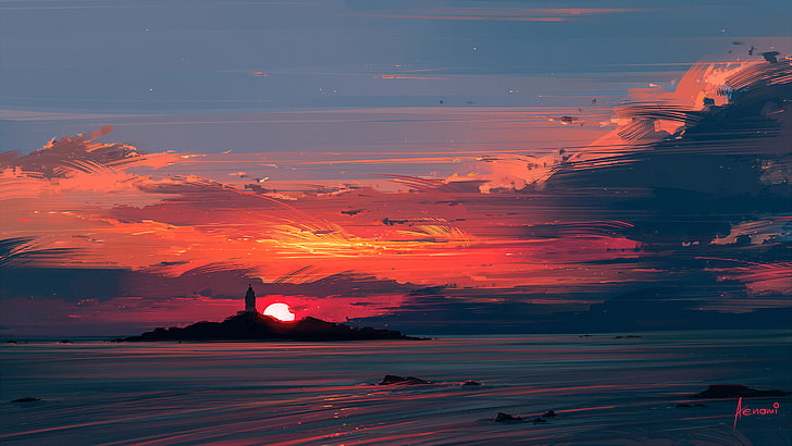 solnedgång vatten illustration aenami konstverk digital konst, HD tapet
