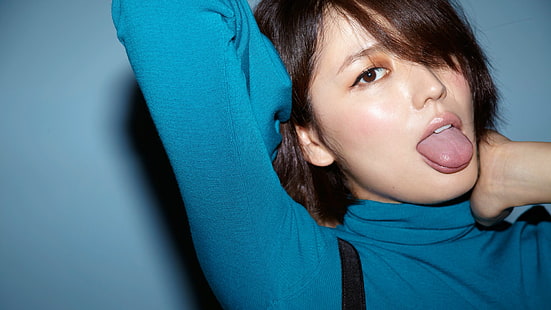 camisa de mangas compridas de gola alta azul feminina, Masami Nagasawa, asiáticos, mulheres, rosto, cabelo curto, gola alta, HD papel de parede HD wallpaper